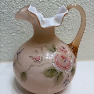 Vintage Fenton Vase & Pitcher Set, Overlay Princess Roses on Sunset Hand Painted